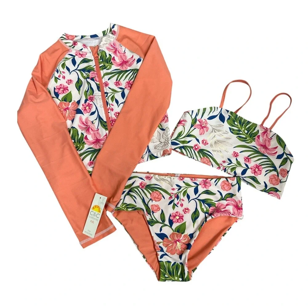 C&C California Kids 3-Piece Rash Guard Bikini Set Floral Coral Girls Size 10 NWT